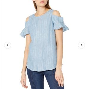 Moon River Linen Striped Cold Shoulder Top Blue